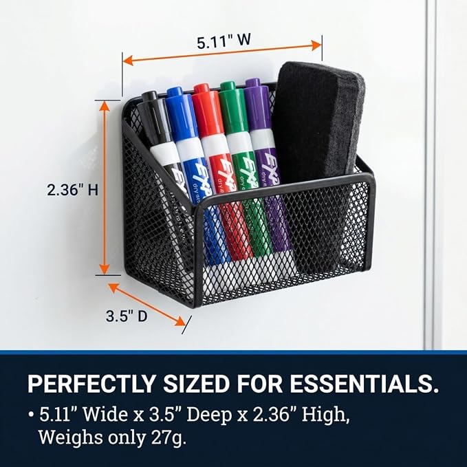 Performore Magnetic Metal Mesh Pencil Holder, Black Stainless Steel Pen Holder with Magnets, Basket Storage Organizer for Whiteboard, Blackboard, Kitchen, Locker, Home, or Office (1)