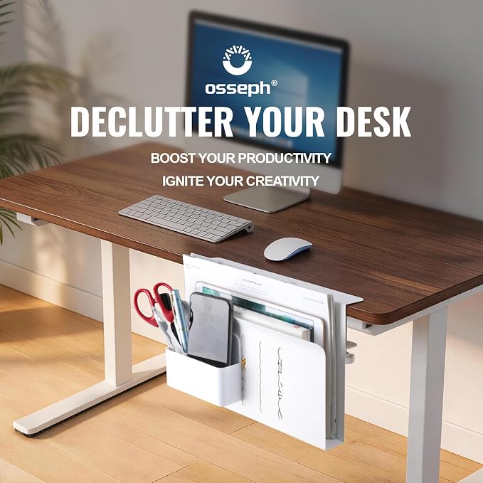 2 Tier Desk Side Storage Organizer, Under Desk Laptop Holder with Magnetic Pen Holder, No Drill Hanging Desks Caddy for Office & Home, Clamp On Desk Shelf for Tablet, Files, Accessories(White)