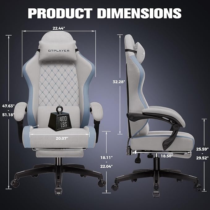 GTPLAYER Big and Tall Gaming Chair 350lbs Heavy Duty Office Chair with Foot Rest, High Back Pocket Spring Ergonomic Computer Chair for Adults, Wide Comfy Seated Cushion with Linkage Armrests, Grey
