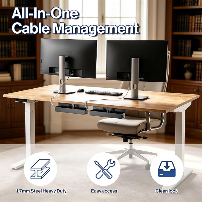 POCHAR Under Desk Cable Management Tray, 16.5" Extended Wire Organizer | Slim 3" Profile Steel Power Strip Holder, Screw-Mount Cord Hider for Wide Standing Desk Home Office