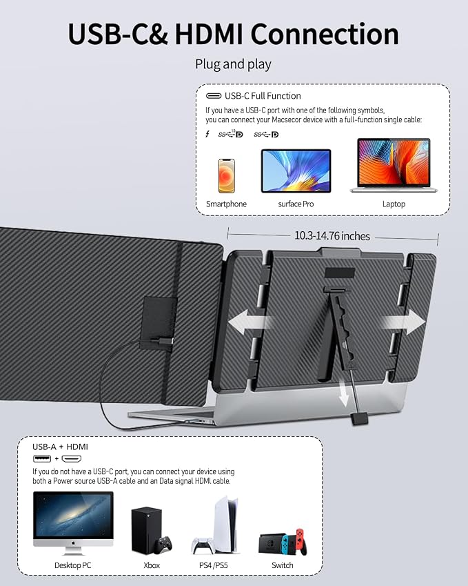 Macsecor Laptop Screen Extender, 14.1'' FHD 1080P Ultra-Slim Portable Monitor for Laptops, USB-C/HDMI Travel Monitor Extender Plug & Play for 13"-16" Laptop, Compatible with Wins/Mac/Android/Chrome