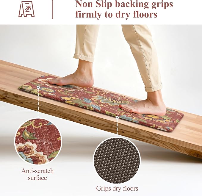 LEEVAN Anti Fatigue Kitchen Mats for Floor, Cushioned Kitchen Mat Set 2PCS | 17.3"x29"+17.3"x47", Boho Floral Coral Red Kitchen Rugs Non-Slip, Waterproof Ergonomic Standing Mat for Laundry, Office, Sink