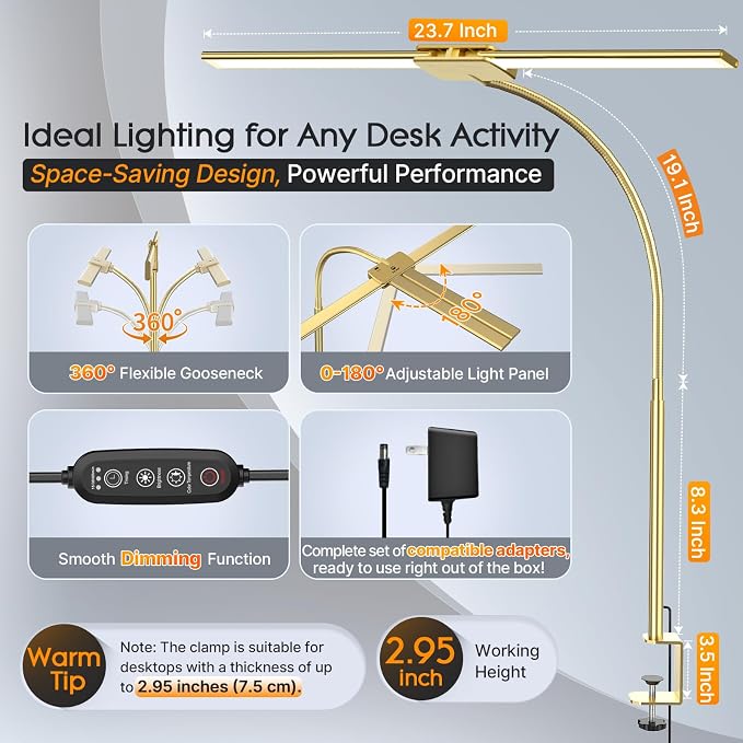 Syrinx LED Desk Lamp for Office Home, Dual Head Eye-Care Architect Table Lamp, Gesture/Wired Control, Flexible Neck, Bright Desk Light with Memory/Timer, 50 Lighting Modes for Study, Drafting, Gold