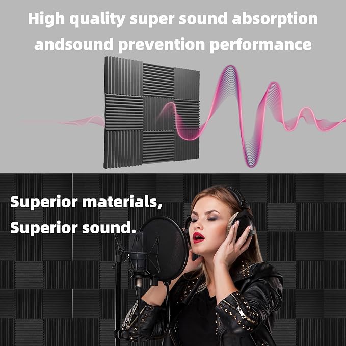 24 Pack Sound Proof Foam Panels |1"×12"×12" Quick-Recovery Soundproof Wall Panels | High Density Sound Dampening Panels for Home Studio| With Adhesive Stickers 120PCS (Black)