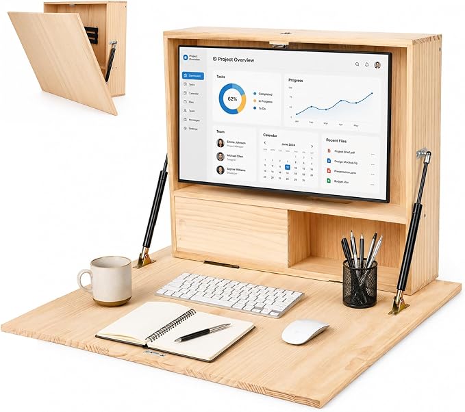 31 Inch Wall Mounted Folding Desk with Storage & Monitor Mount, Floating Fold Down Desk with Dual Gas Struts, Lockable Space Saving Desk, 200 lb Capacity for Home Office, Bedroom and Apartments