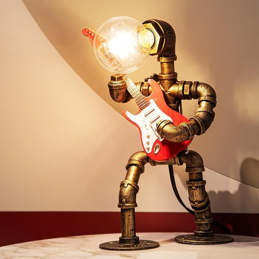 Music Guitar Table Lamp Art Decor ，Steampunk Table Lamp,Retro Guitars Steampunk lamp,Cool Industrial Metal Tube Robot Lamp Guitar Stuff Present for Men Music Lovers