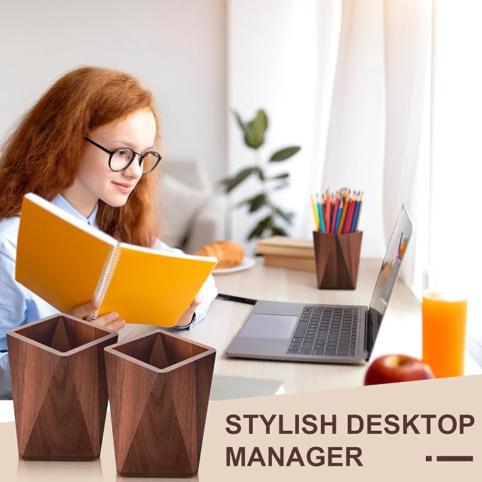 2 Pcs Wood Pen Pencil Holder Geometric Pencil Cup Stand Makeup Organizer for Pen Holder Desk Home Office Adults(Black Walnut)