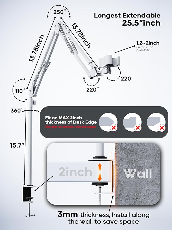 Premium White Overhead Mic Boom Arm, 15.7" Extra Tall Desk Mic Stand with 25.5" Reach, All-Aluminum Heavy Duty Microphone Arm, 1.8KG Load, 360° Adjustable for Streaming, Gaming, Podcast, YouTube