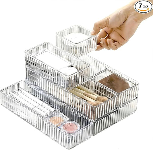 Makeup Drawer Organizer Bins Set - 7 PCS 4-Size Clear Bathroom Drawer Organizers Trays, Desk Junk Vanity Drawer Organizer Storage, Kitchen Utensils, Bathroom, Jewelries and Office