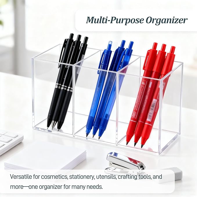 Clear Acrylic 3-Section Pen Organizer Caddy, Desktop Storage Holder for Office Supplies, Utensils, Makeup, and Home Use