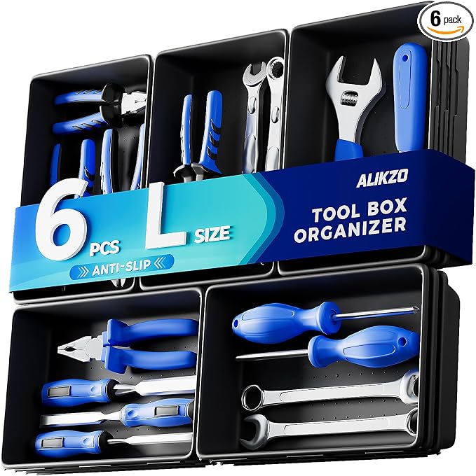 6 Large Tool Box Organizer Trays with EVA Non-Slip Pads, L-Size Desk Drawer Organizer Bins for Garage Tools, Toolbox Storage Trays for Rolling Tool Chest, Desk, Kitchen and Cabinet (L_6PCS_Black)