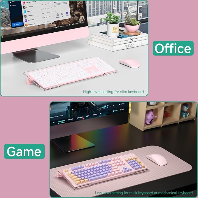 Ergonomic Computer Keyboard Stand - Adjustable Keyboard Riser Tilt Clear and Pink Acrylic Keyboard Tray Non-Slip Elevated Typing Key Board Holder Lift for Home Office Desk Accessories