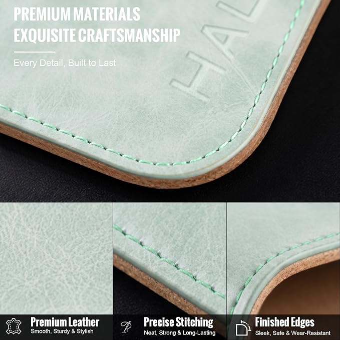 HAUTOCO Cork Desk Mat 31.5"x15.7", Distressed PU Leather & Cloth Desk Pad | Waterproof, Non-Slip, Stitched Edges, Mint Green Large Gaming Mouse Pad, Laptop Blotter & Desk Protector for Office and Home