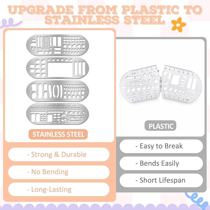 Chinco 4 Pieces Stencils Metal Journal Template 7.9 x 2.4 Inches Bookmark Ruler School Supplies Stainless Steel Stencils Set for DIY, Engraving, Painting, Scrapbooking(Classic Style)