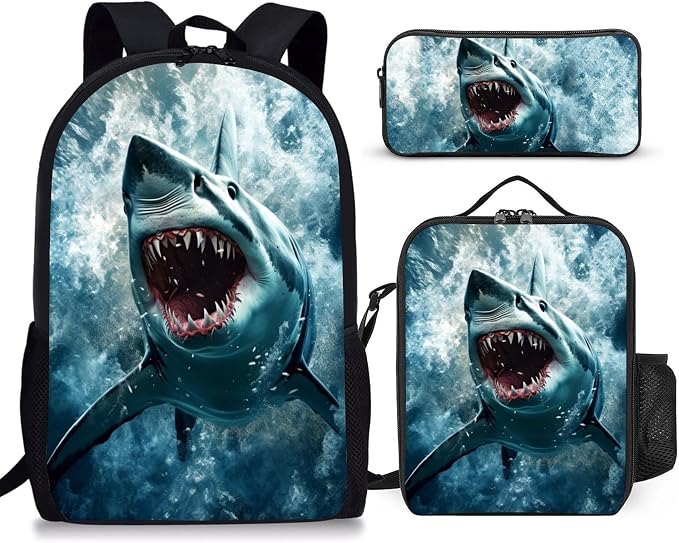3PCS Shark Print Backpack for Boys Girls Teens, School Backpack with Lunch Box Pencil Case for Elementary Middle High Students, 17 Inch Lightweight Bookpack 3 in 1 Set Back to Shool Gifts for Kids