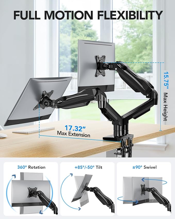 HUANUO FlowLift™ Dual Monitor Stand, Fully Adjustable Gaming Monitor Desk Mount for 13–32″ Computer Screens, Full Motion VESA 75x75/100x100 with C-Clamp & Grommet Base, Each Arm Holds 4.4 to 19.8 lbs