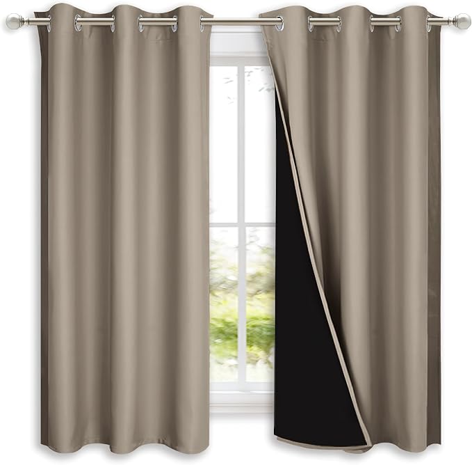 NICETOWN 100% Blackout Curtains with Black Liners, Solid Thermal Insulated Full Blackout 2-Layer Lined Drapes, Energy Efficiency Window Draperies for Bedroom (2 Panels, 42" W by 63" L, Taupe)