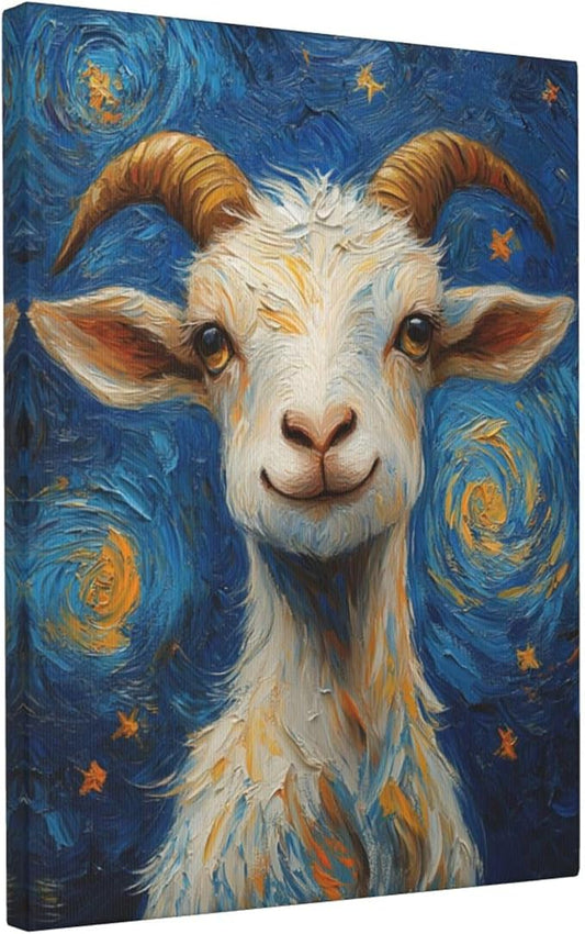 Goat Starry Night Canvas Wall Art Animal Pictures for Kitchen Living Room Bedroom Bathroom Office,Goat Abstract Print Goats Painting Home Modern Art Work Framed Wall Art Decor 16" x 12"