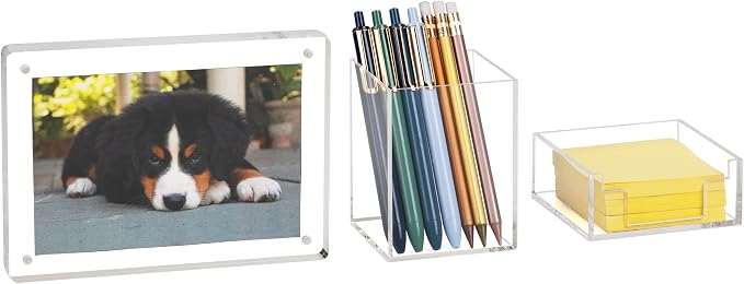 Mind Reader 3-Piece Desk Organizer Set, Pen Holder, Photo Frame and Sticky Note Tray, Desktop Organization, Office, Acrylic, Clear