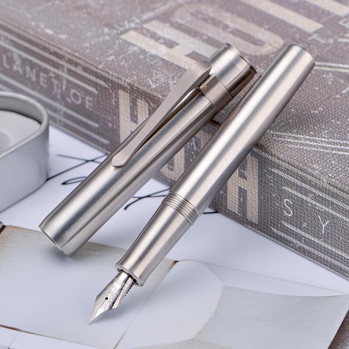 HONG DIAN M2 Titanium Mini Fountain Pen, Fine Soft Nib & Sleek Shape Metal Short Pocket Travel Pen (Titanium Gray)