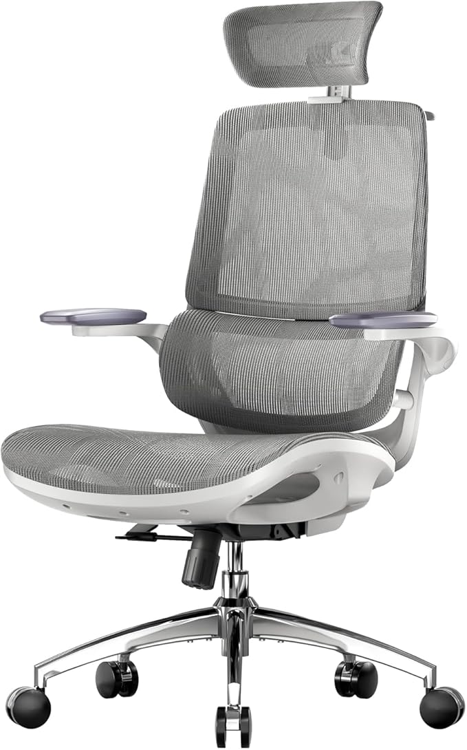 SIHOO M59AS Ergonomic Office Chair, Dual Backrest, Adaptive Lumbar Support | 3D Flip-Up Armrests, FULL Breathable Mesh, Reinforced Aluminum Base, 330 lb, Comfort That Moves With You, Grey