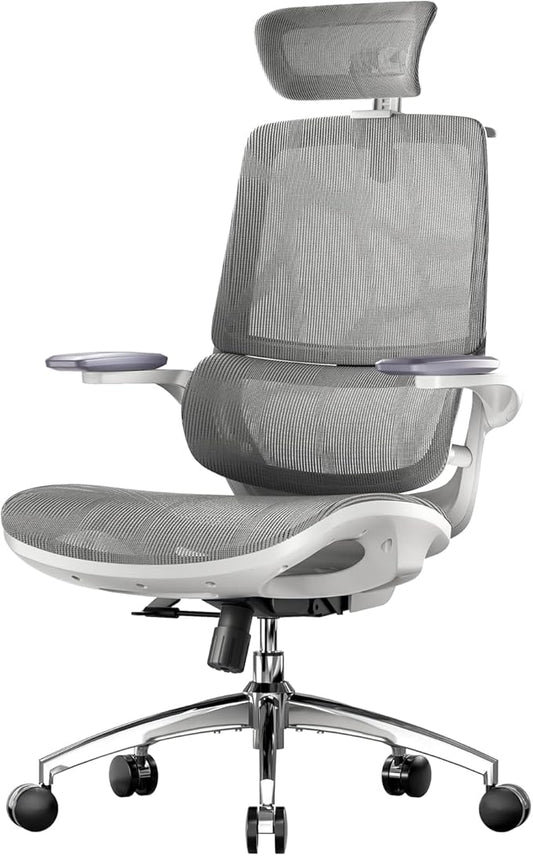 SIHOO M59AS Ergonomic Office Chair, Dual Backrest, Adaptive Lumbar Support | 3D Flip-Up Armrests, FULL Breathable Mesh, Reinforced Aluminum Base, 330 lb, Comfort That Moves With You, Grey