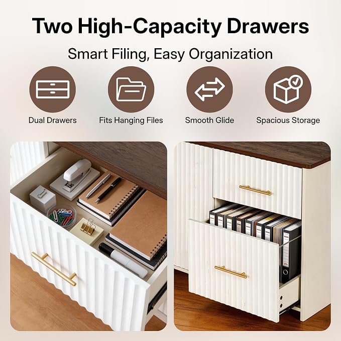 NORTHSKY 55" L Shaped Electric Standing Desk with Drawers and Storage Cabinet, Adjustable Height Corner Desk for Home Office, Brown Wood Grain and Distressed White Fluted Design