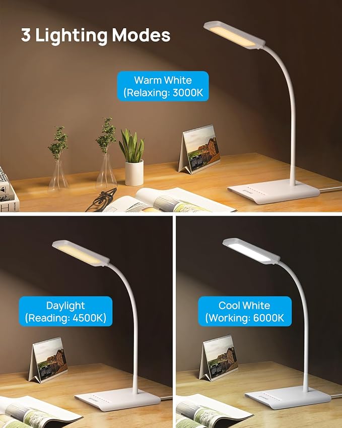 TROND Desk Lamp, Bright Dimmable Eye-Caring Table Lamp, 3 Color Modes 7 Brightness Levels, Flexible Gooseneck, Touch Control, Memory Function, Desk Light for Home Office Dorm Room Essentials