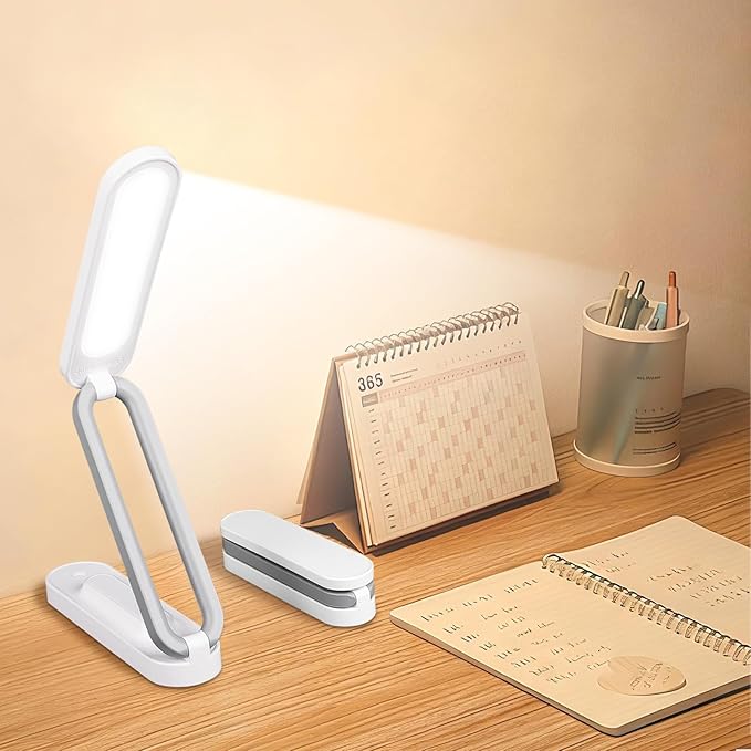 Rechargeable LED Desk Lamp, Foldable Portable Table Light with 3 Brightness Levels,Type-C USB Charging,Small Desk Lamp,Portable Bedside Wireless Reading Light,Home, Office, Nail Art,Craft,WHITE