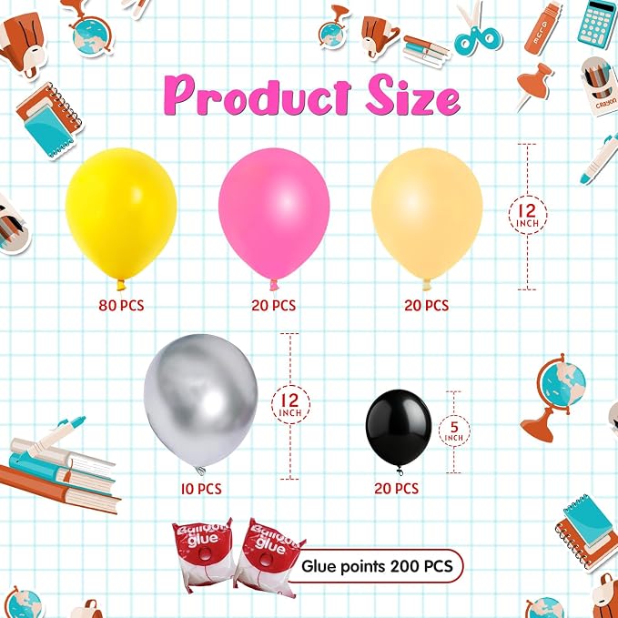 150 PCS Back to School Balloons Yellow Black Pink Apricot Silver Latex Balloons DIY Pencil Balloon Kit for First Day of School Kindergarten Preschool Graduation Party Decor Supplies