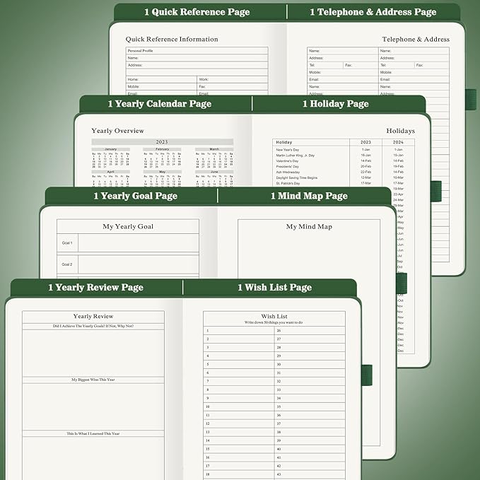 Undated Daily Planner with To Do List, 365 Days Agenda for Men, Hourly Planner Notebook for Goal Setting and Productivity with Calendar, 8.3" x 5.8" (Green)