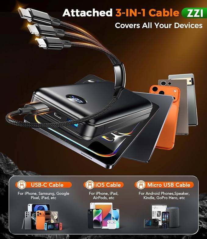 Portable Charger Power Bank, 60000mAh Battery Pack with 3 in 1 USB-C/iOS/Micro-USB Cable, 22.5W Fast Charging Portable Phone Charger, Travel Camping Essential Powerbank for iPhone 17/16 Samsung,Ebony