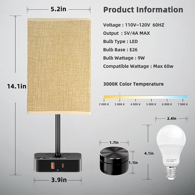 cozoo Bedside Table Lamp for Bedroom, 3 Way Dimmable & Remote Control Stepless Dimming Touch Nightstand Lamp, 2 USB Ports and 2 AC Outlets, Small Desk Light for Living Room, Bed, Study, Beige