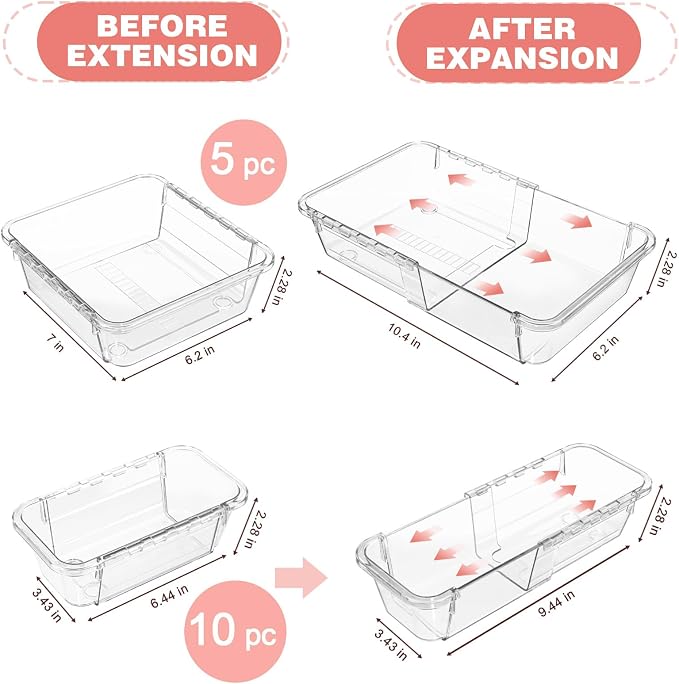 15 Pcs Extendable Clear Drawer Organizer, All Adjustable Vanity Storage Box, 2-Size Desk Drawer Organizer, Acrylic Storage Bins for Makeup, Cosmetic, Bedroom Dressers Tool Organizer for Gadgets