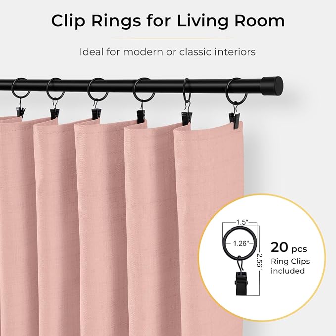 INOVADAY 100% Blackout Curtains for Bedroom, Blush Pink Black Out Curtains 108 Inch Long, Clip Rings Linen Blackout Drapes, Thermal Insulated Room Darkening for Living Room, 2 Panels - W50xL108