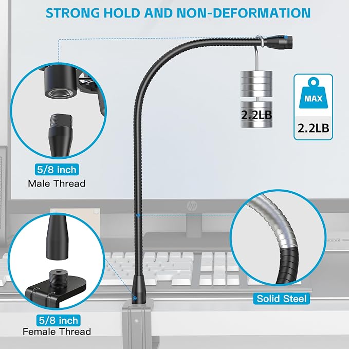 ZealSound Upgraded Metal Hose Arm, 19 inch Flexible Gooseneck Stand, Heavy Duty Extension for Microphone, Mic Floor Stand, Phone Holder, Makeup Mirror, 5/8" Thread