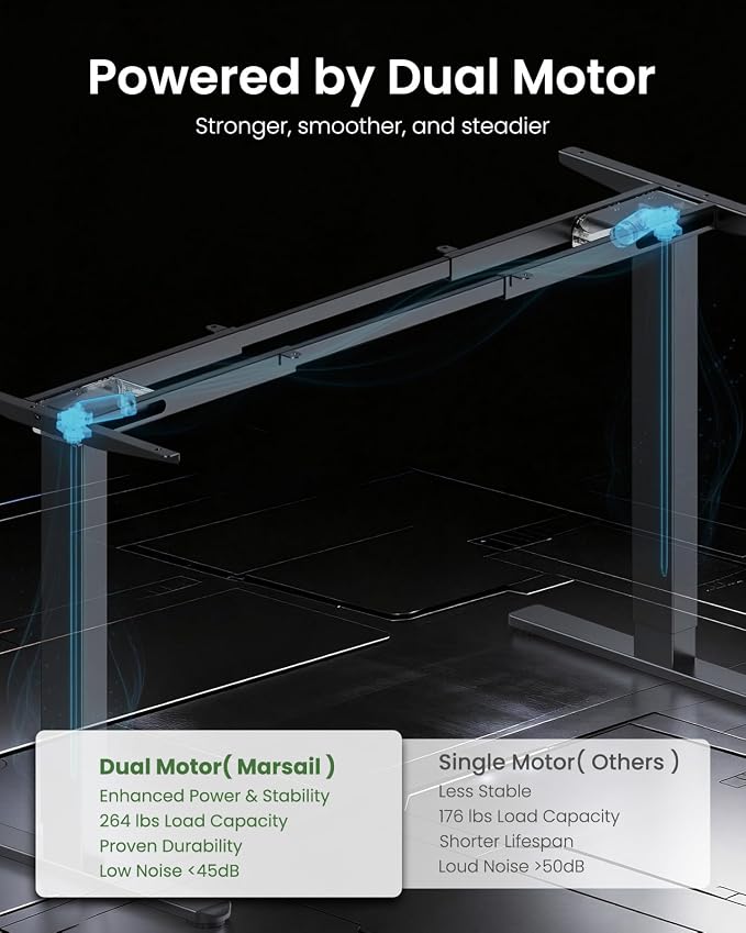 Marsail Dual Motor Standing Desk Legs, Electric Adjustable Desk Frame, 264 lbs Capacity, Fits Max 90″x 31.5″Desktop, 4 Memory Height Settings, Sit Stand Desk Legs with Cable Tray & 2 Hooks, Frame Only