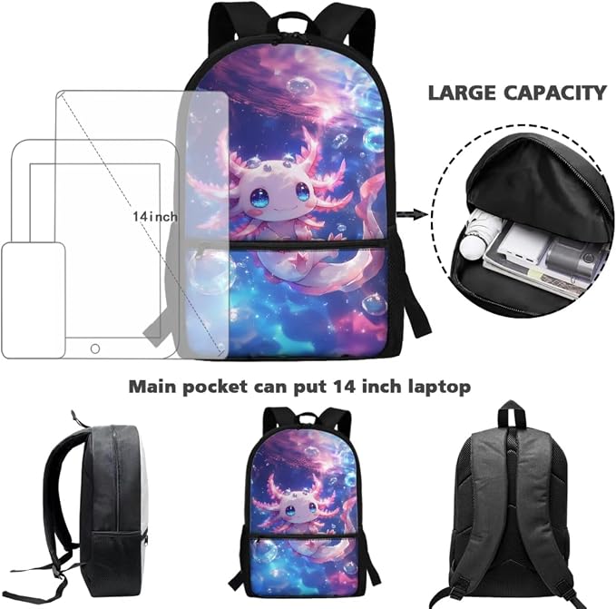 WELLFLYHOM Cute Axolotl 4 PCS Kids Backpack Set for Girls 1st-5th Grade, Pink 17 Inch Ocean Elementary School Bag with Lunch Box for Child Back to School Supplies, Mochila Para Niñas