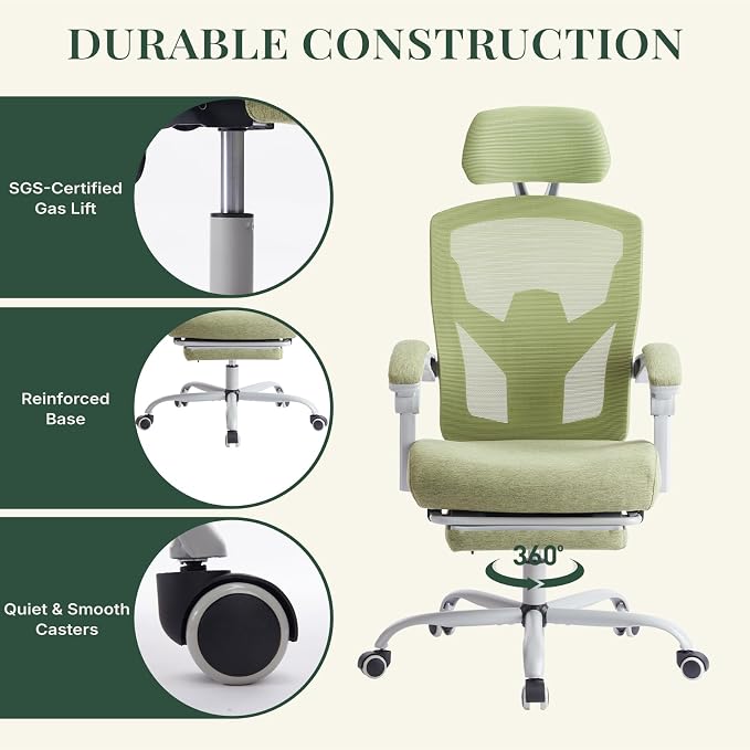 Ergonomic Office Chair with Footrest, High Back Home Desk Chair with Lumbar Support & Headrest, 90-135° Reclining Mesh Back Computer Chair with Wheels for Work, Gaming, Green