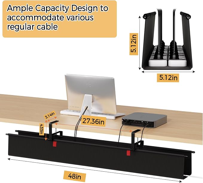Under Desk Cable Management Tray, 48" Fabric Wire Cord Organizer, Black | No Drill Under Table Wire Organizer with 16X Cable Ties for Office/Home, Cord Hider Fit Adapters & Sockets, Clamp/Screw Mount