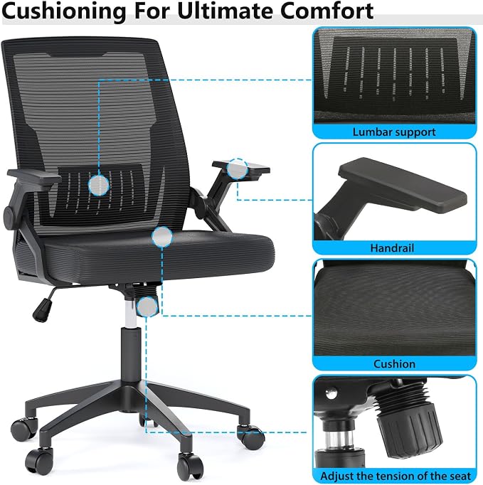 OS MOTOR Ergonomic High-Back Mesh Office Chair with Lumbar Support | Flip-up Armrests, Adjustable Height, Swivel Rolling Base, Breathable Mesh, Comfort, Home, Office, Work, Study, Gaming