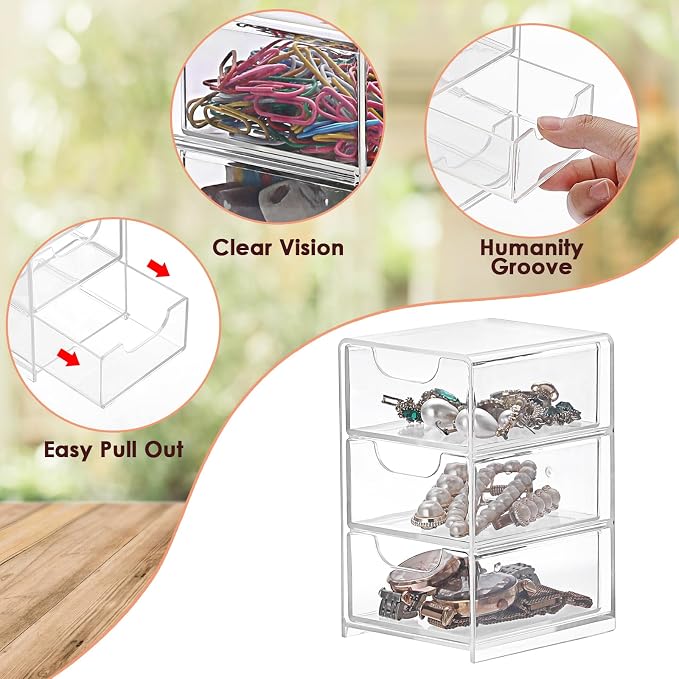 BTSKY 1 Pack Small Acrylic Storage Organizer with Drawers, 3-Layer | Clear Desktop Organizer for Office Supplies Mini Storage Box with Drawers for Desk, Desktop Makeup Drawer Jewelry Storage Box