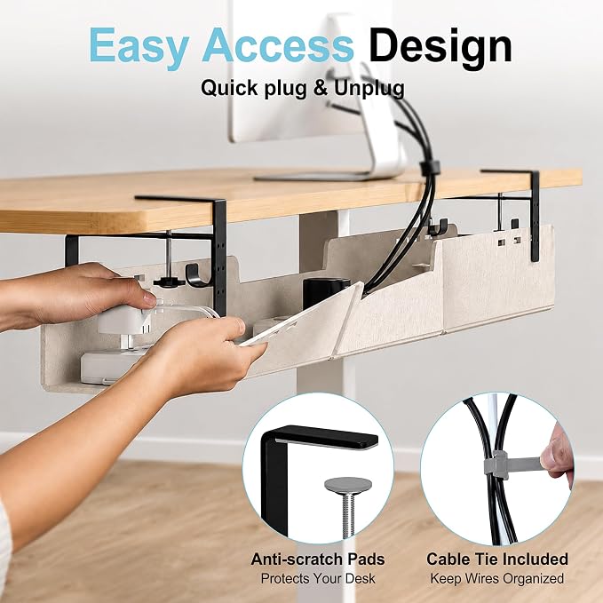 No-Drill Under Standing Desk Cable Management,31.5" L,Beige | Upgraded 0.25" Heavy-Duty Felt Cable Organizer,Desk Wire Management Tray with Clamp or Screw Mount, for Home Or Office