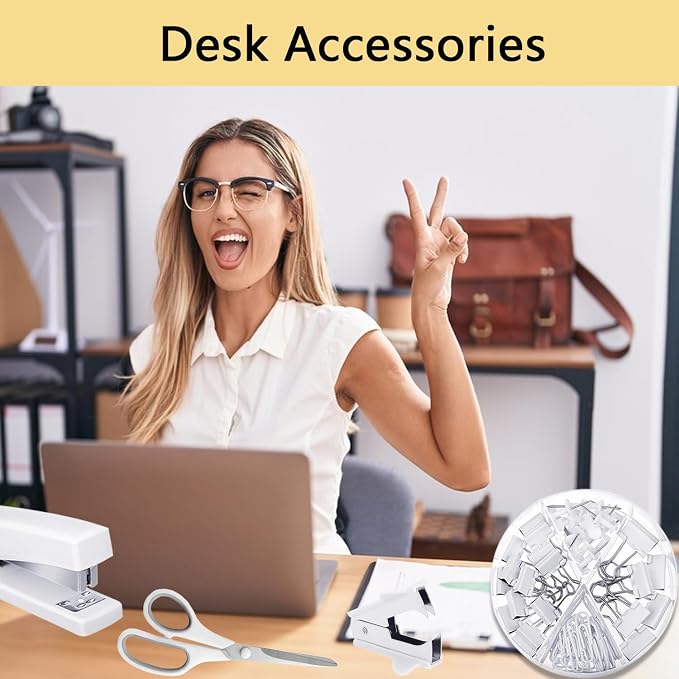 Office Supplies,White Desk Accessories,Office Supplies Set,Stapler and Tape Dispenser Set,Scissors,Staple Remover,Binder Clips,Staples,Ballpoint Pen,Index Tabs with Ruler,Clear Tape.9pcs for Office
