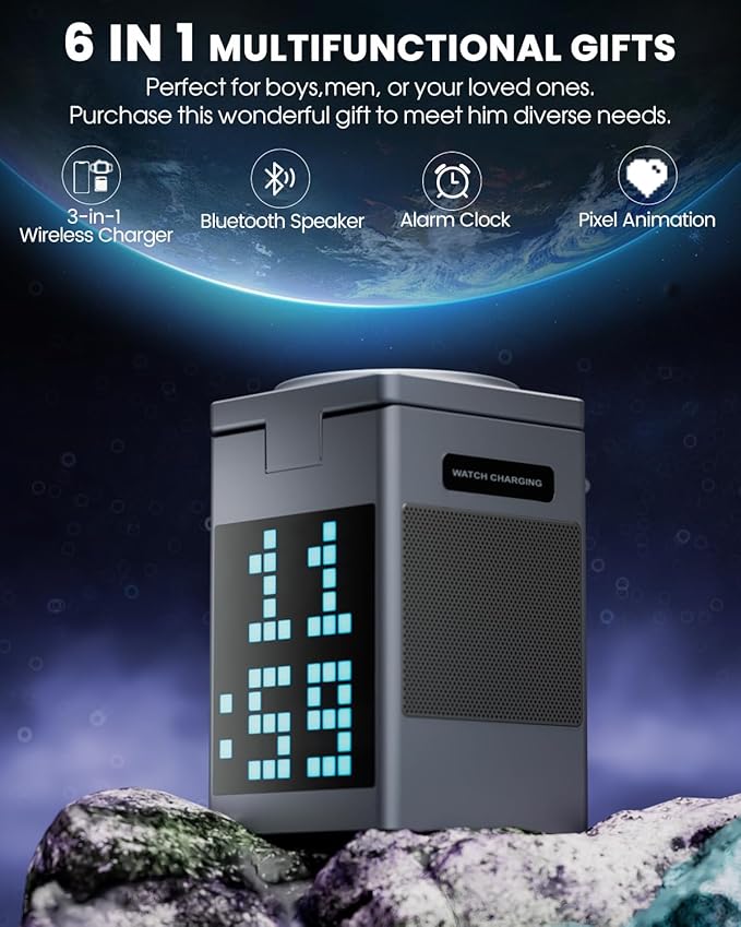 Vivilumens 3-in-1 Wireless Charging Station with Bluetooth Speaker, Digital Alarm Clock, Pixel Display for MagSafe iPhone 17/16/15, Apple Watch, AirPods, Fast Charging, Compact Desk Organizer