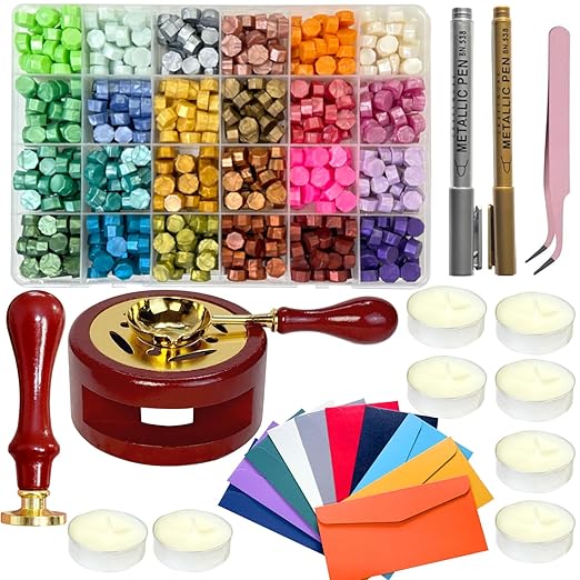 Wax Seal Kit, 624 Pcs 24 Colors Sealing Beads, 1 Pcs Stamp,Sealing Wax Warmer, Metallic Pen, 10Pcs Envelope, 8Pcs Tea Candles for Wedding Birthday Gift and DIY Craft