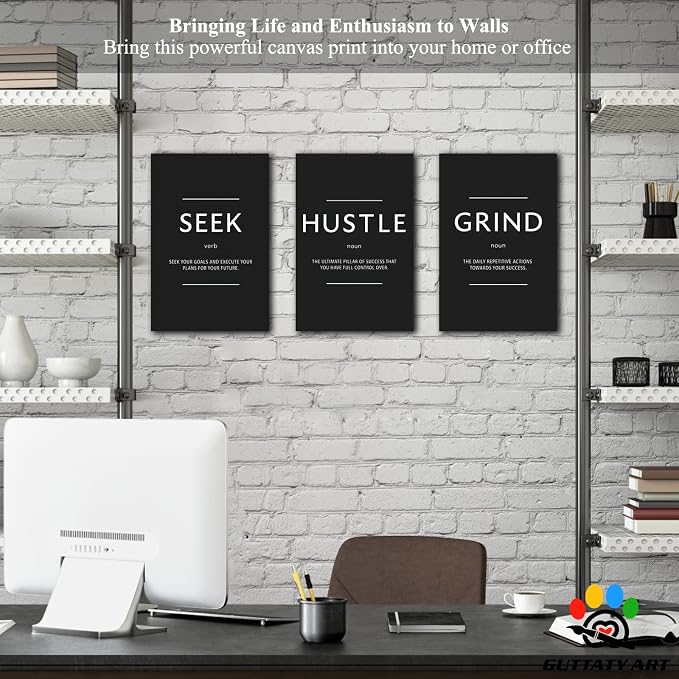 Office Wall Art - 3 Panel Motivational Wall Art, Inspirational Quotes Canvas Art for Home Office Wall Decor, Positive Quotes Wall Decor, Entrepreneur Grind Hustle Execution Poster Frame (12”x24”x3Pcs)