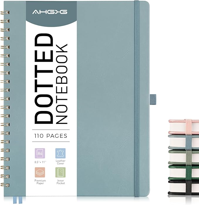 AHGXG Dotted Journal Spiral Notebook 8.5" x 11", Large A4 Leather Hardcover Dotted Notebook, 100 GSM Thick Dot Grid Paper, Inner Pocket, for Dotted Journaling, GrayBlue