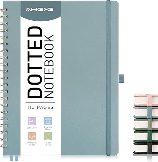 AHGXG Dotted Journal Spiral Notebook 8.5" x 11", Large A4 Leather Hardcover Dotted Notebook, 100 GSM Thick Dot Grid Paper, Inner Pocket, for Dotted Journaling, GrayBlue