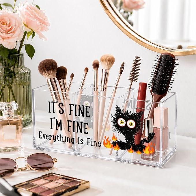 It's Fine 3 Compartment Acrylic Makeup Organizer & Pen Holder, Black Cat Cosmetic Storage Box for Lipstick Brushes Skincare, Desk Organizer for Office School Vanity, Office Gifts for Coworker